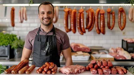 Salesman in butchery stands in a shop for meat and sausage