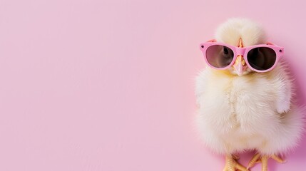 Wall Mural - Funky chicken with stylish sunglasses posing on a pastel colored background, leaving room for text