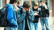 A young individual in a denim jacket, head in hands, overwhelmed and isolated despite being surrounded by peers. The scene evokes themes of adolescent struggles, bullying, and mental health.