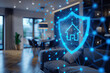 digital shield of smart home security system floats above a modern living room, symbolizing network protection.