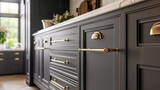 Fototapeta  - A kitchen cabinet with brass handles, creating a chic and timeless look in the room.