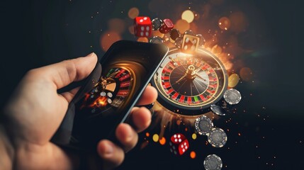 Casino roulette concept. Close up of male hand holding smartphone with gambling chips and dice. Online Casino and Betting Concept with Copy Space. Gambling Concept.