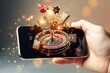 Hand holding smartphone with roulette wheel and casino chips concept on background. Online Casino and Betting Concept with Copy Space. Gambling Concept.