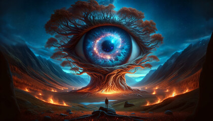 Wall Mural - A surreal, AI-generated landscape featuring an eye-shaped tree with a cosmic iris against a starry sky.