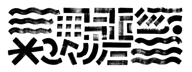 Aufkleber - Bold curved smears and waves collection with brush drawn rectangles and asterisk. Hand drawn vector geometric shapes, stripes and lines.