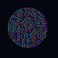 Poster - Neon holographic circle with warped and glitched texture of lines. Template for modern logotype or print.
