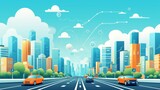 Fototapeta  - Social networking city and town with automation car on the world symbols moving from buildings to cloud using wifi. Vector illustration, penology, communication, generation, modern,