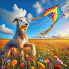 Wall Mural - Irish wolfhound flying a rainbow kite in a country field