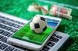 Soccer ball on the keyboard of a laptop. The concept of online betting. Online Casino and Betting Concept with Copy Space. Gambling Concept.