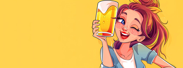 Cheerful Woman Toasting with Beer Illustration