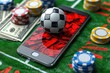 Online casino concept. Mobile phone with a soccer ball and chips on a green casino table. Online Casino and Betting Concept with Copy Space. Gambling Concept.