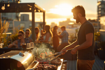 Sunset Rooftop BBQ Party with Friends. A man grills various meats as the sun sets, creating a warm, inviting atmosphere