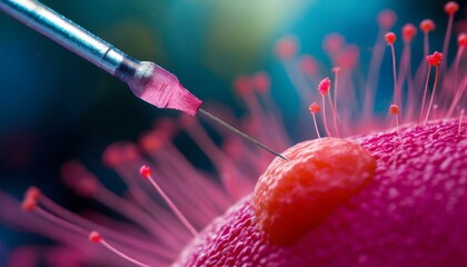  A close-up, macro image capturing a needle piercing a cancer cell, illustrating medical treatment or research at the cellular level