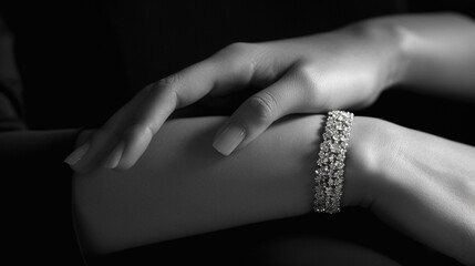 black and white image of a woman's hand with diamond-studded bracelet