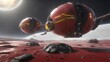 spaceship in space _A sci-fi combat setting where two space pods hover over a red ocean that has acid splashes.  