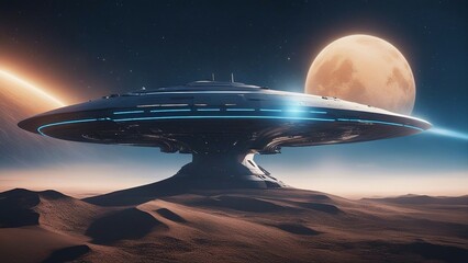 Wall Mural - ufo in space _A sleek and futuristic spaceship flies over a barren planet, leaving behind a trail of blue light.   