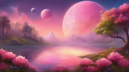 Wall Mural - landscape with moon and clouds _A beautiful and serene planet with lush and colorful flora, crystal lakes, and a pink sky.  