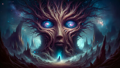 Wall Mural - An AI-generated mystical landscape where an immense, ancient tree forms a woman's face with cosmic galaxy-like eyes, set against a backdrop of haunting spires and a starlit sky.