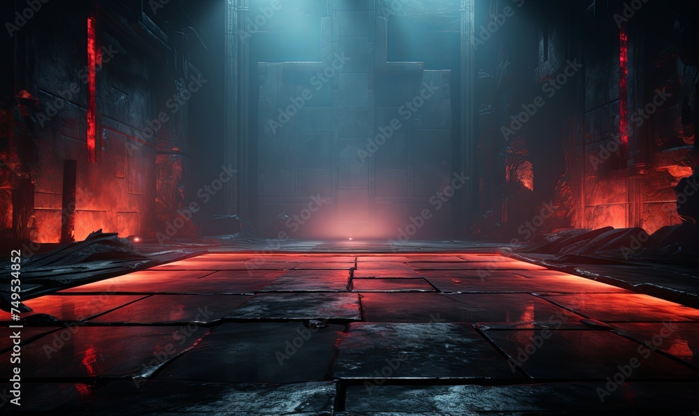 Ruined hellish hall with ancient stone door background. Abandoned 3d ...