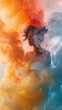 A person with curly hair is enveloped by colorful, swirling smoke. The smoke is dense and vivid, with shades of orange, yellow, and blue creating a visually striking contrast. The person appears calm 