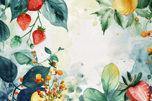 Refreshing Berry Delight: Juicy, Sweet Summer Fruit Medley Illustrated In Watercolor On A Botanical Garden Background