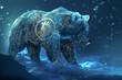 A Digital technology bear and the bear climb down from the mountain with a Golden Bitcoin logo Embedded in the bear's body, with a Digital Blue Background.