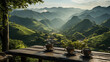 Tea cups steaming on a wooden table surrounded by a mountainous city landscape