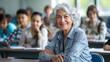 © Maria Shchipakina - Senior smiling caucasian woman with silver hair wearing denim shirt sitting in a classroom with young students. Concept of older learners, education of elderly.