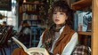 An intimate coffee shop setting where a stylish woman sits engrossed in a book, her outfit a creative homage to the eclectic grandpa style. She's dressed in a mix of thrifted and high-end pieces