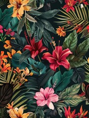 Poster - Tropical floral pattern on dark background - Sophisticated floral pattern design featuring a variety of tropical flowers and leaves against a deep green background