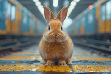 Wall Mural - Portrait of an Easter bunny at a train station. Generative AI