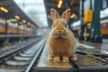 Wall Mural - Portrait of an Easter bunny at a train station. Generative AI