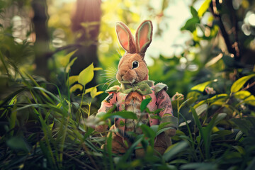 Wall Mural - Easter bunny wearing a costume in a fantasy world. Generative AI