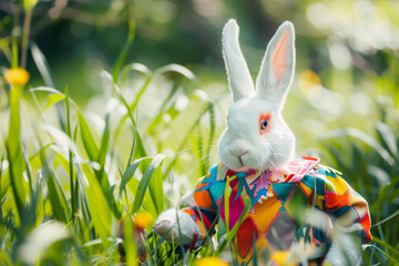 Wall Mural - Easter bunny wearing a costume in a fantasy world. Generative AI