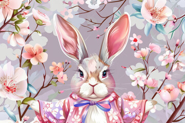 Wall Mural - Easter bunny dressed  in a costume on a floral background. Generative AI