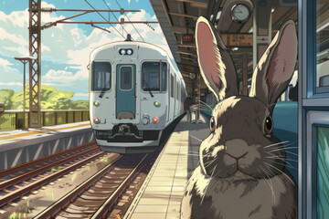 Wall Mural - Portrait of an Easter bunny at a train station. Generative AI