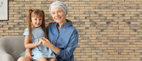 Wall Mural - Little girl and her mother after chemotherapy at home