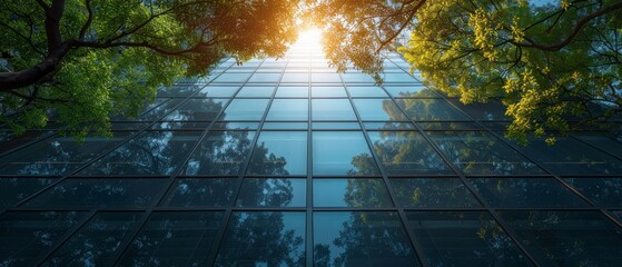 Sticker - An eco-friendly sustainable glass office building with trees. A corporate building that reduces CO2. A glass office building with trees. A glass office building with trees that reduce carbon dioxide.