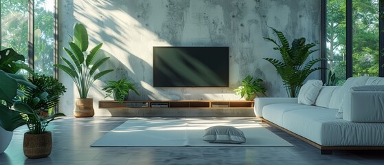 Poster - 3D rendering of white living room with furniture on bright laminate floor. Interior design with TV and sofa set against a tree background.