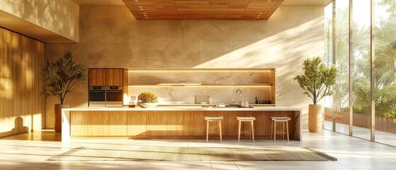 Sticker - Minimalist wood kitchen with large island and bar stools. Marble countertop with wooden bottom. A 3D render shows the kitchen in full detail.