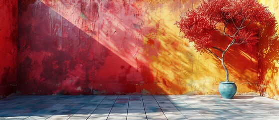 Aufkleber - An empty, colorful wall background with a hard falling shadow. Rendering in 3D.