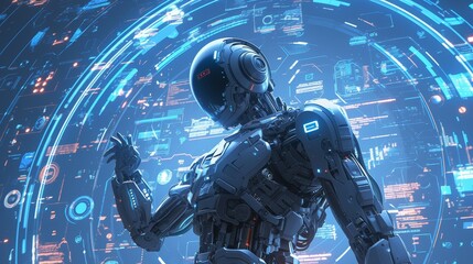 Fototapete - Artificial intelligence, chatbots, by entering a command prompt, man uses technology to generate something, futuristic transformation of technology.