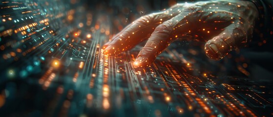 Computer hand close up of businessman in futuristic cyber space finance AI chatbot artificial coding coding background online network virtual reality coding programming data analytics business data