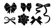Black Monochrome decorative ribbon bows set. Holiday sign collection. Ribbon symbol, accessory logo, svg, cut files. Vector outline illustrations isolated on transparent background.