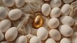 A striking contrast emerges as a single golden egg, nestled among a cluster of white counterparts on a textured surface, serves as a powerful symbol of individuality and exceptional worth.