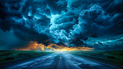 Rural Road in Nature, Journey through Countryside, Landscape with Asphalt Road and Stormy Weather