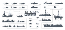 Offshore Vessels Icon Set. Offshore Ships Silhouette On White. Vector Illustration