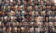 collage of European adult men smiling, collage of portrait, grid of 60 cheerful faces, group photo