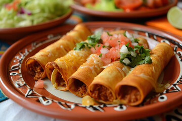 A plate of flautas, a traditional Mexican dish made with rolled-up tortillas that are filled with meat, cheese, or beans, and then deep-fried.