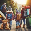 A family with two children embarks on a camping adventure in the forest, leaving behind a teddy bear and suitcase. The anticipation of nature's embrace is palpable